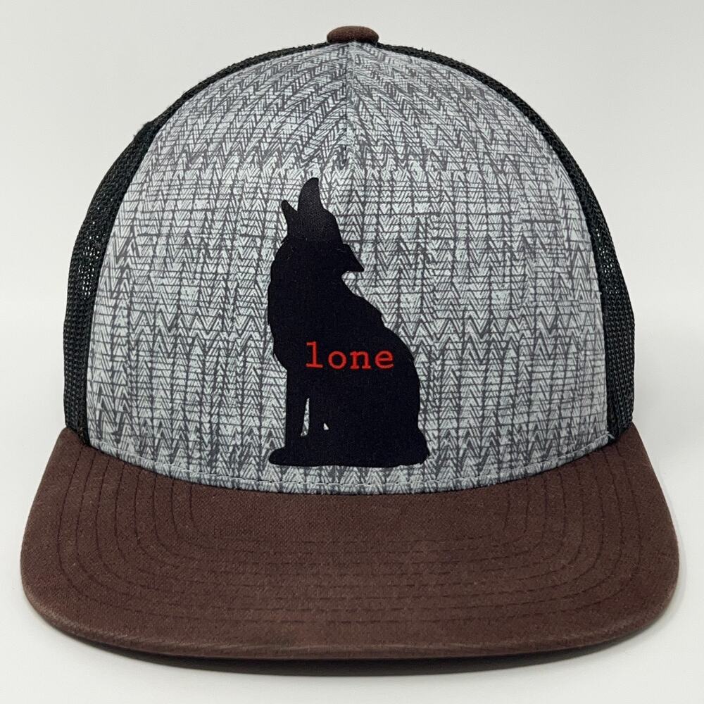 Lone Wolf Trucker Hat Baseball Cap Prana 5 Panel A-Frame Mesh Snapback Gray